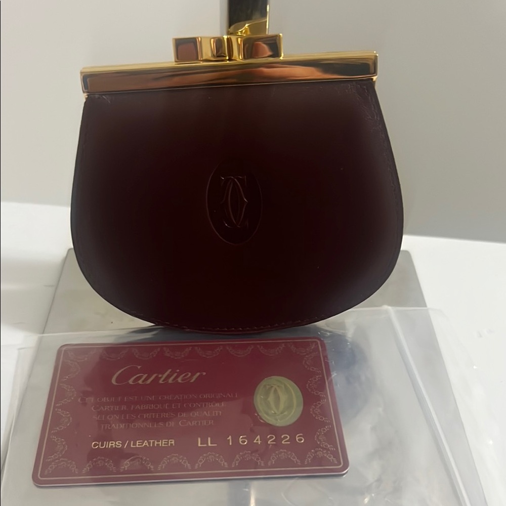 Cartier Deep Red Leather Coin Pouch with Gold Trim